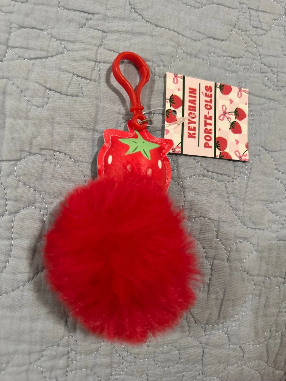 Kids Red Strawberry Pom Pom Keychain Clip